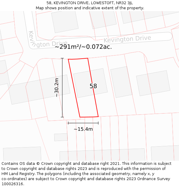 58, KEVINGTON DRIVE, LOWESTOFT, NR32 3JL: Plot and title map