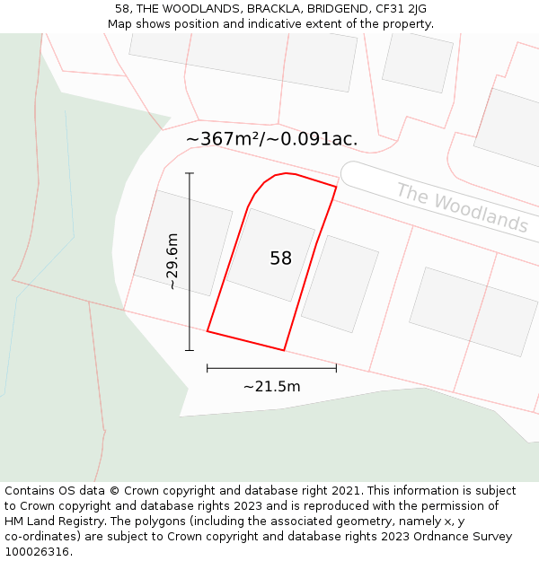 58, THE WOODLANDS, BRACKLA, BRIDGEND, CF31 2JG: Plot and title map