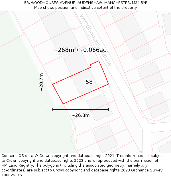 58, WOODHOUSES AVENUE, AUDENSHAW, MANCHESTER, M34 5YR: Plot and title map