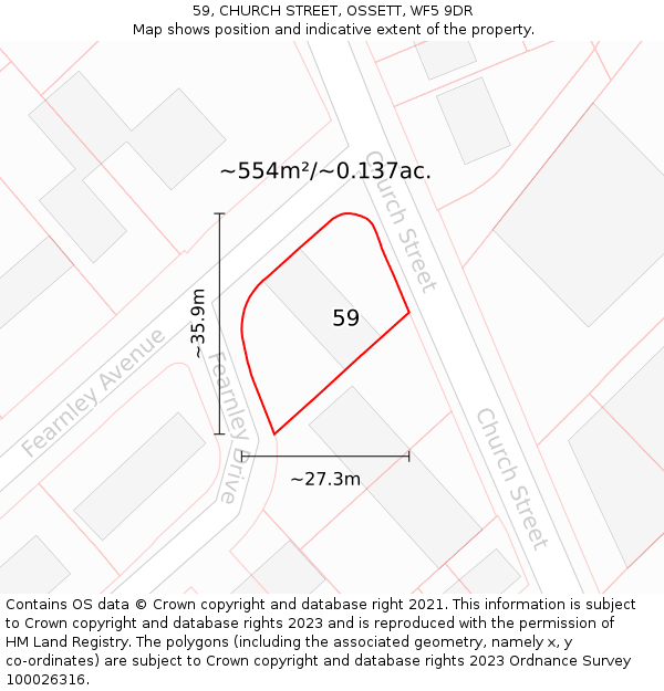 59, CHURCH STREET, OSSETT, WF5 9DR: Plot and title map