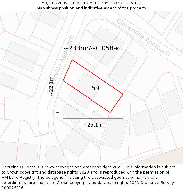 59, CLOVERVILLE APPROACH, BRADFORD, BD6 1ET: Plot and title map