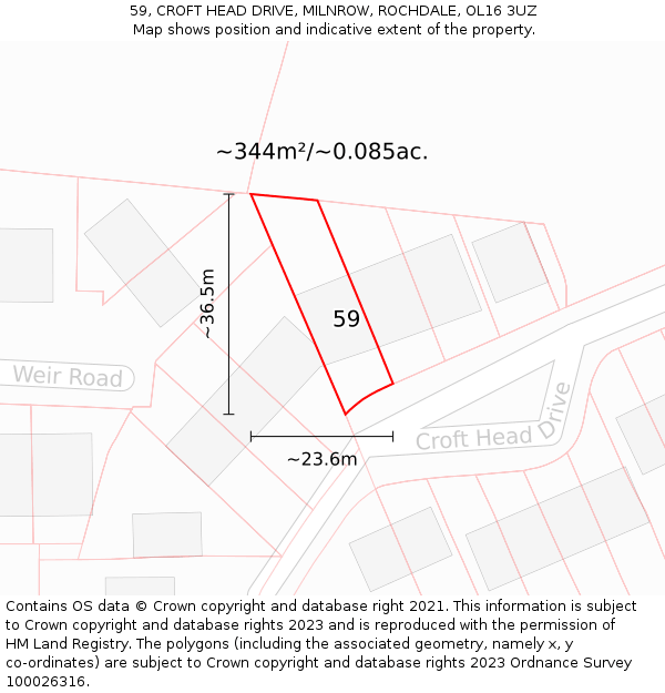 59, CROFT HEAD DRIVE, MILNROW, ROCHDALE, OL16 3UZ: Plot and title map