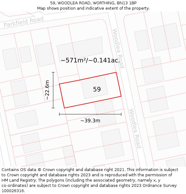 59, WOODLEA ROAD, WORTHING, BN13 1BP: Plot and title map