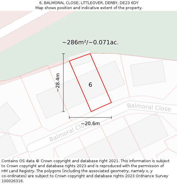 6, BALMORAL CLOSE, LITTLEOVER, DERBY, DE23 6DY: Plot and title map