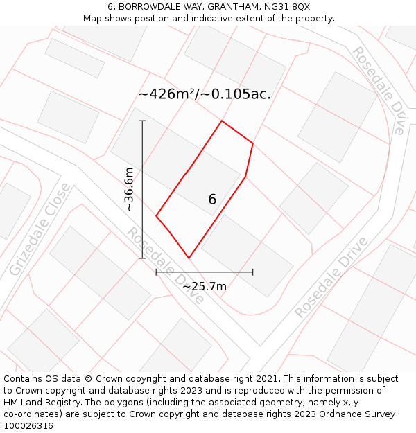 6, BORROWDALE WAY, GRANTHAM, NG31 8QX: Plot and title map