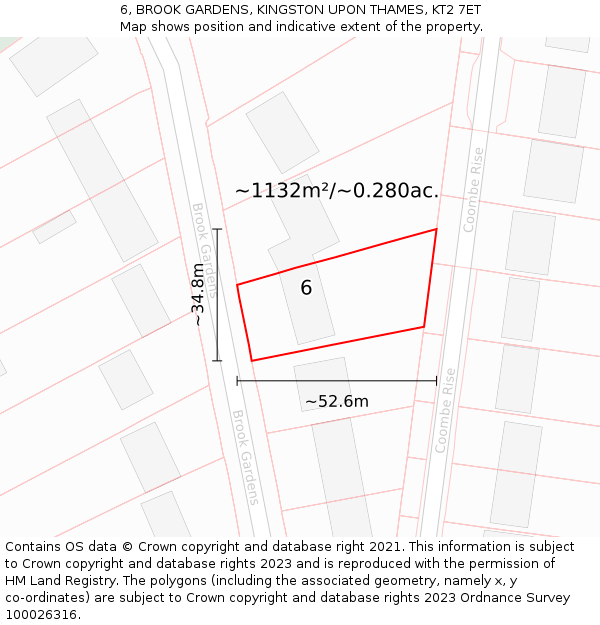 6, BROOK GARDENS, KINGSTON UPON THAMES, KT2 7ET: Plot and title map