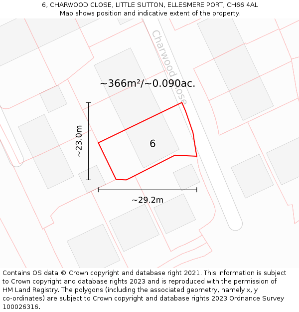 6, CHARWOOD CLOSE, LITTLE SUTTON, ELLESMERE PORT, CH66 4AL: Plot and title map