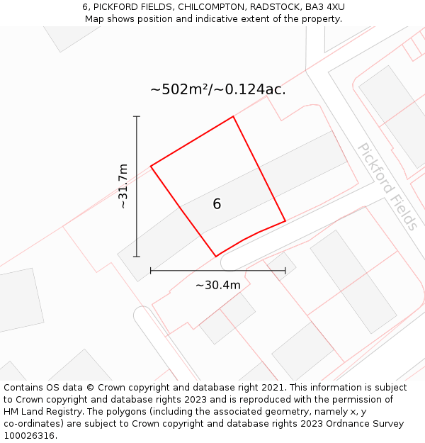 6, PICKFORD FIELDS, CHILCOMPTON, RADSTOCK, BA3 4XU: Plot and title map