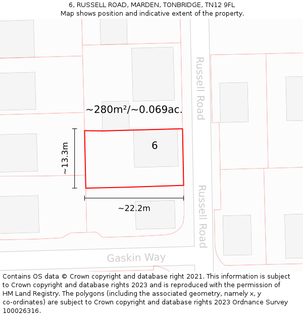 6, RUSSELL ROAD, MARDEN, TONBRIDGE, TN12 9FL: Plot and title map