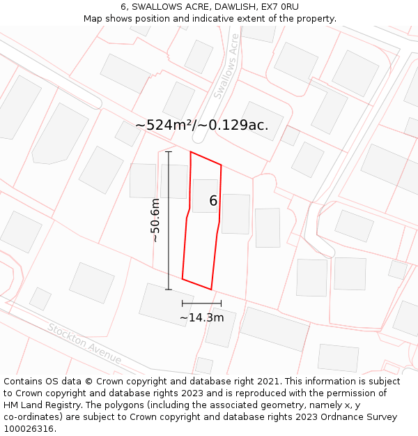 6, SWALLOWS ACRE, DAWLISH, EX7 0RU: Plot and title map