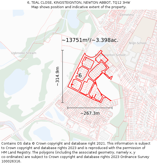 6, TEAL CLOSE, KINGSTEIGNTON, NEWTON ABBOT, TQ12 3HW: Plot and title map
