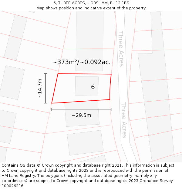 6, THREE ACRES, HORSHAM, RH12 1RS: Plot and title map