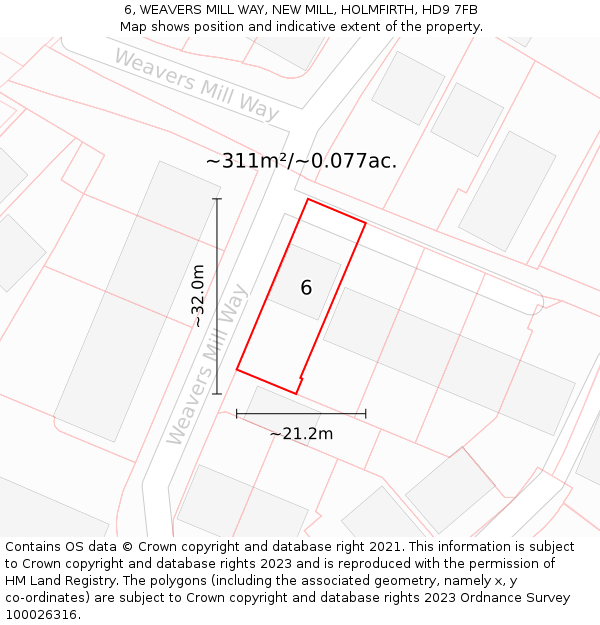 6, WEAVERS MILL WAY, NEW MILL, HOLMFIRTH, HD9 7FB: Plot and title map