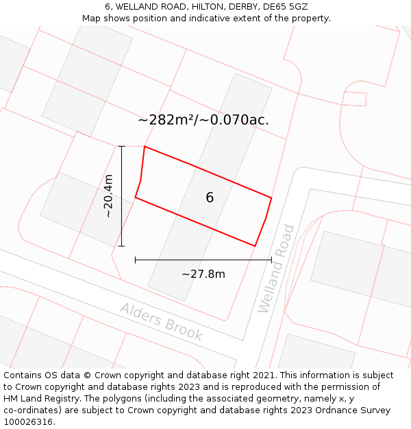 6, WELLAND ROAD, HILTON, DERBY, DE65 5GZ: Plot and title map