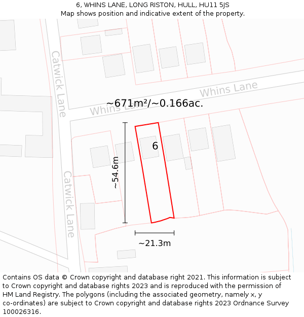 6, WHINS LANE, LONG RISTON, HULL, HU11 5JS: Plot and title map