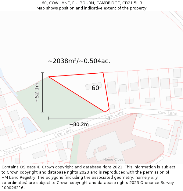 60, COW LANE, FULBOURN, CAMBRIDGE, CB21 5HB: Plot and title map