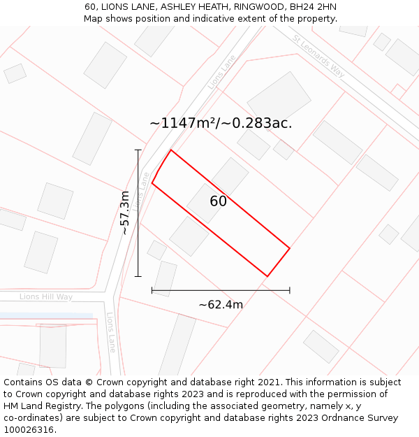 60, LIONS LANE, ASHLEY HEATH, RINGWOOD, BH24 2HN: Plot and title map