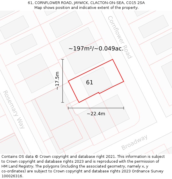 61, CORNFLOWER ROAD, JAYWICK, CLACTON-ON-SEA, CO15 2SA: Plot and title map