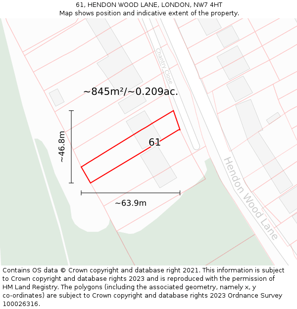 61, HENDON WOOD LANE, LONDON, NW7 4HT: Plot and title map