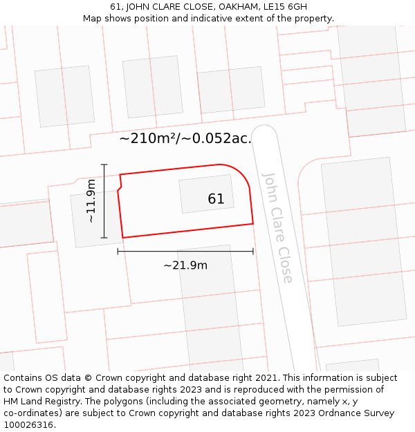 61, JOHN CLARE CLOSE, OAKHAM, LE15 6GH: Plot and title map