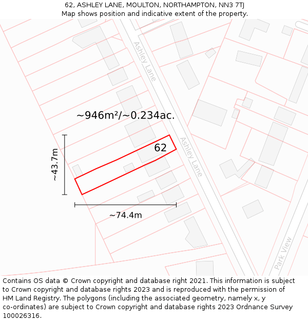 62, ASHLEY LANE, MOULTON, NORTHAMPTON, NN3 7TJ: Plot and title map