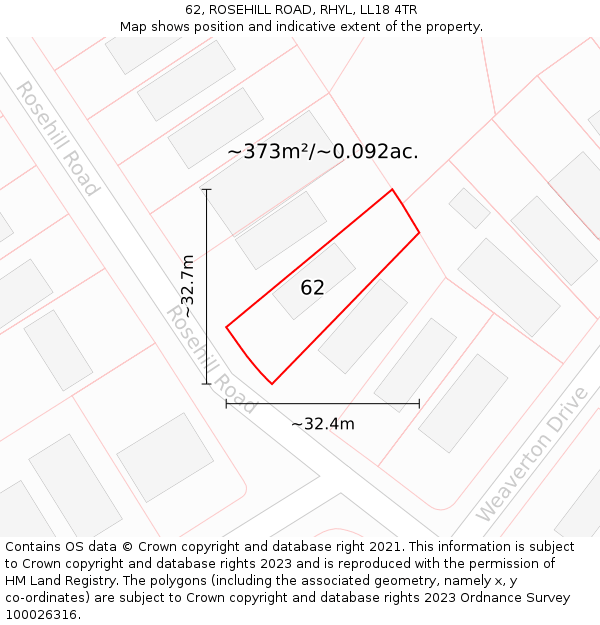 62, ROSEHILL ROAD, RHYL, LL18 4TR: Plot and title map