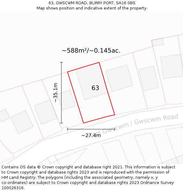 63, GWSCWM ROAD, BURRY PORT, SA16 0BS: Plot and title map