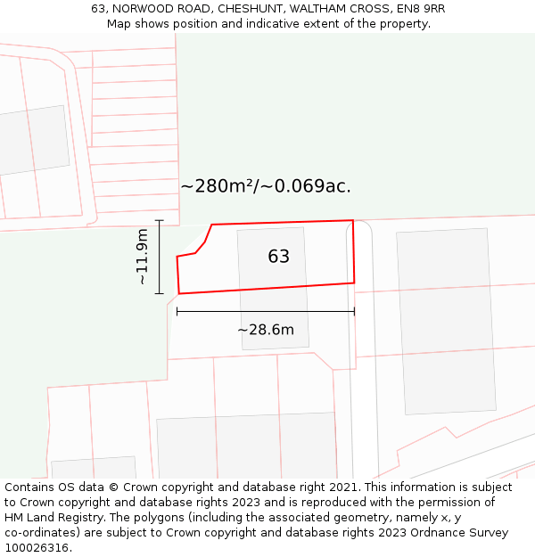 63, NORWOOD ROAD, CHESHUNT, WALTHAM CROSS, EN8 9RR: Plot and title map