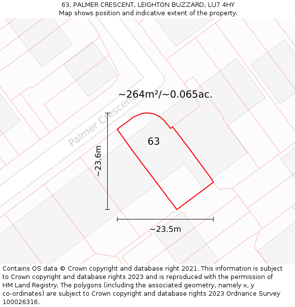 63, PALMER CRESCENT, LEIGHTON BUZZARD, LU7 4HY: Plot and title map