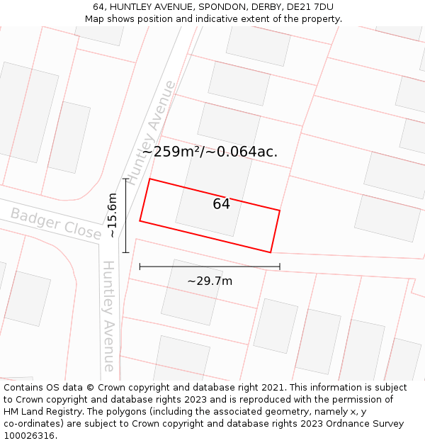 64, HUNTLEY AVENUE, SPONDON, DERBY, DE21 7DU: Plot and title map