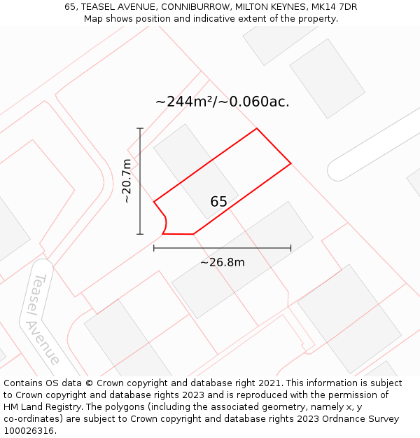 65, TEASEL AVENUE, CONNIBURROW, MILTON KEYNES, MK14 7DR: Plot and title map