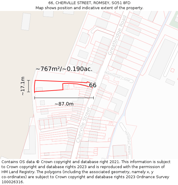 66, CHERVILLE STREET, ROMSEY, SO51 8FD: Plot and title map