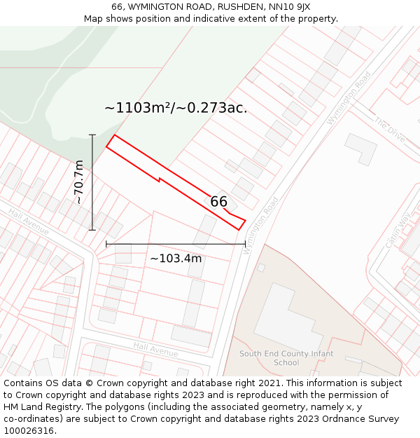 66, WYMINGTON ROAD, RUSHDEN, NN10 9JX: Plot and title map