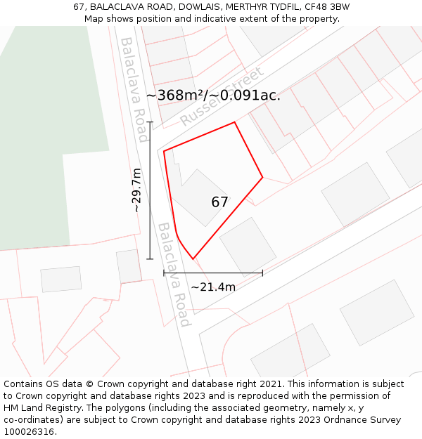 67, BALACLAVA ROAD, DOWLAIS, MERTHYR TYDFIL, CF48 3BW: Plot and title map