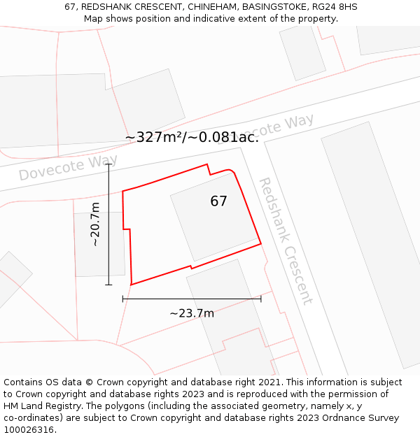 67, REDSHANK CRESCENT, CHINEHAM, BASINGSTOKE, RG24 8HS: Plot and title map