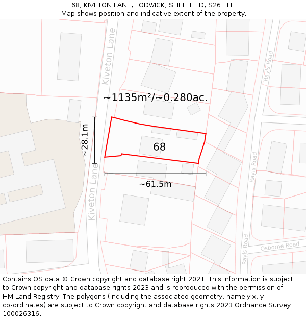 68, KIVETON LANE, TODWICK, SHEFFIELD, S26 1HL: Plot and title map