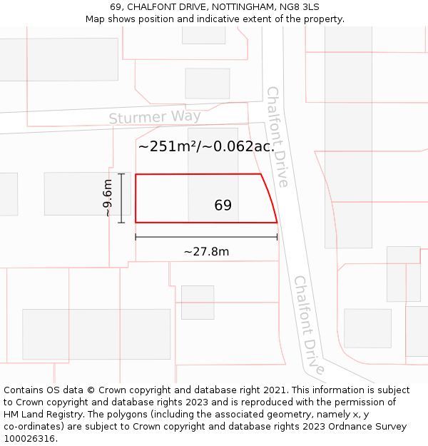 69, CHALFONT DRIVE, NOTTINGHAM, NG8 3LS: Plot and title map