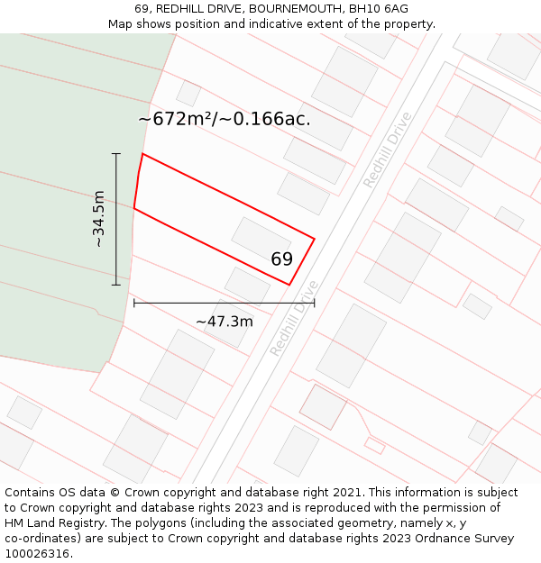 69, REDHILL DRIVE, BOURNEMOUTH, BH10 6AG: Plot and title map