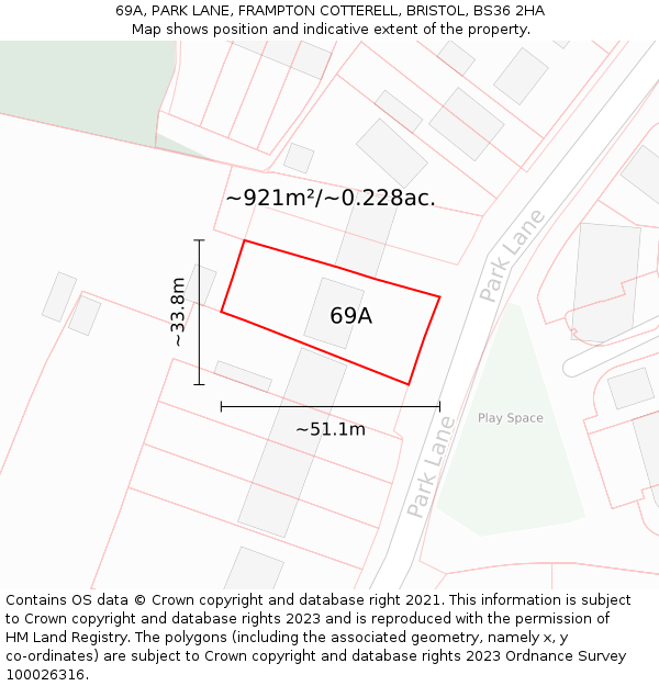 69A, PARK LANE, FRAMPTON COTTERELL, BRISTOL, BS36 2HA: Plot and title map