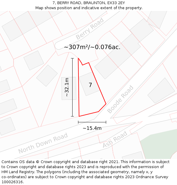 7, BERRY ROAD, BRAUNTON, EX33 2EY: Plot and title map