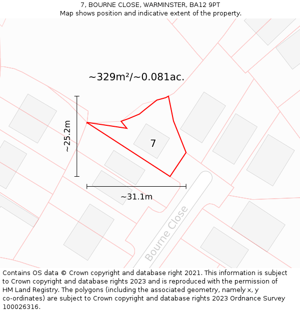 7, BOURNE CLOSE, WARMINSTER, BA12 9PT: Plot and title map
