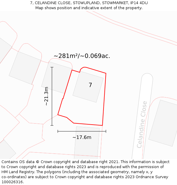 7, CELANDINE CLOSE, STOWUPLAND, STOWMARKET, IP14 4DU: Plot and title map