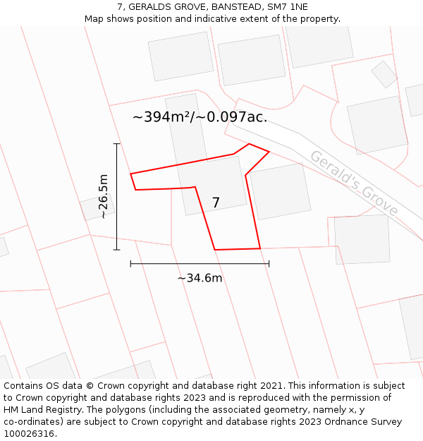 7, GERALDS GROVE, BANSTEAD, SM7 1NE: Plot and title map