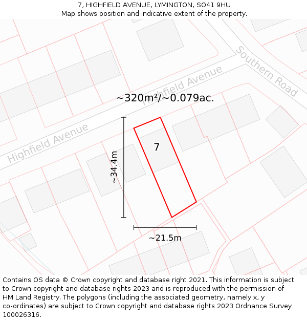 7, HIGHFIELD AVENUE, LYMINGTON, SO41 9HU: Plot and title map