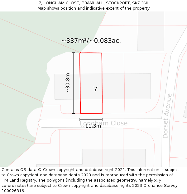 7, LONGHAM CLOSE, BRAMHALL, STOCKPORT, SK7 3NL: Plot and title map