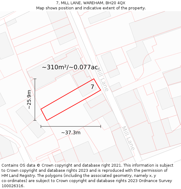 7, MILL LANE, WAREHAM, BH20 4QX: Plot and title map