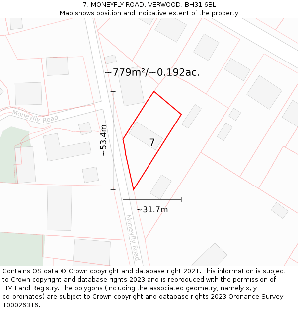 7, MONEYFLY ROAD, VERWOOD, BH31 6BL: Plot and title map