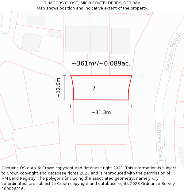 7, MOORS CLOSE, MICKLEOVER, DERBY, DE3 0AA: Plot and title map