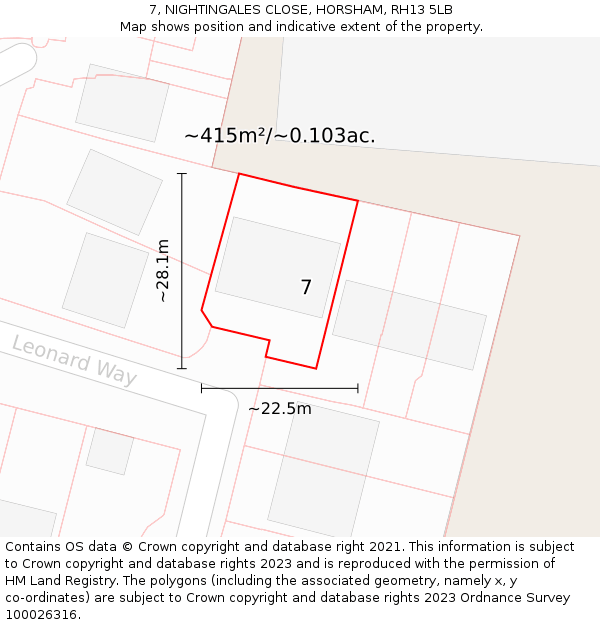 7, NIGHTINGALES CLOSE, HORSHAM, RH13 5LB: Plot and title map