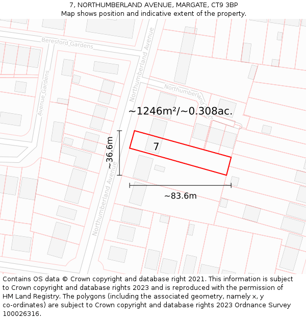 7, NORTHUMBERLAND AVENUE, MARGATE, CT9 3BP: Plot and title map